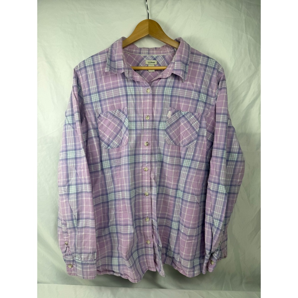 L.L.Bean 1X Women's Plaid Button Front Shirt Purple Cotton